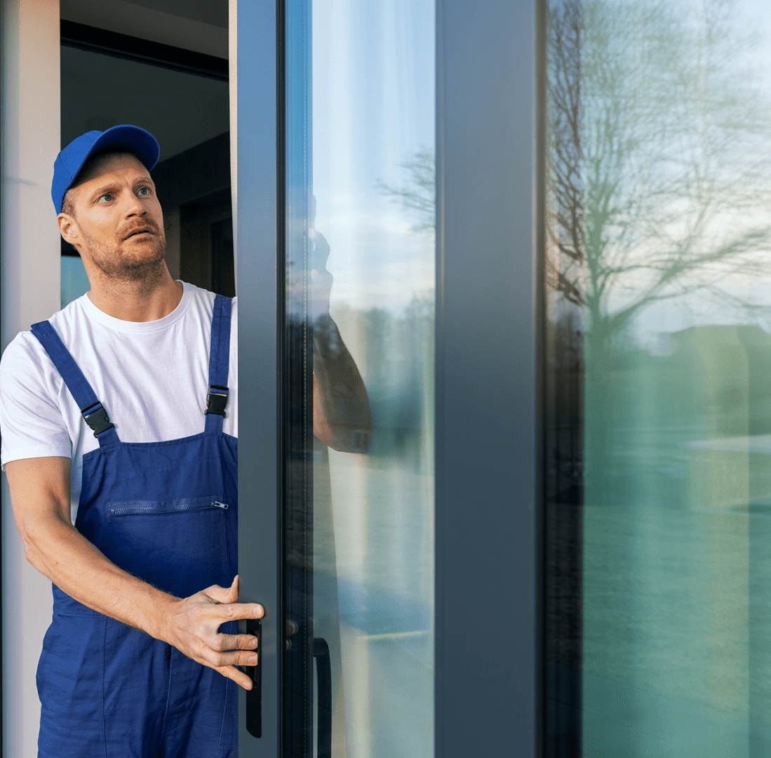 Man opening glass door, wearing blue overalls.