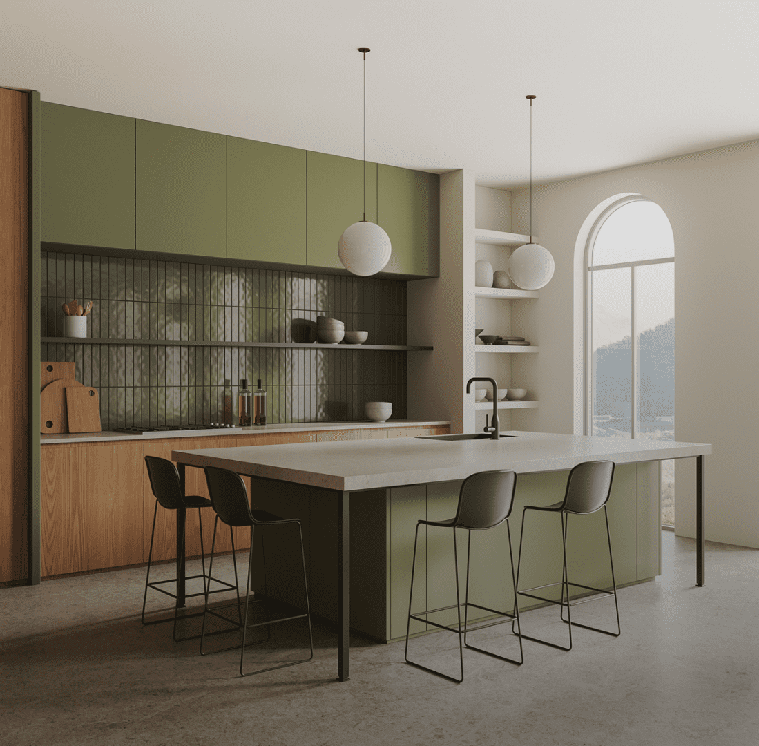 Modern kitchen with green cabinets and island.