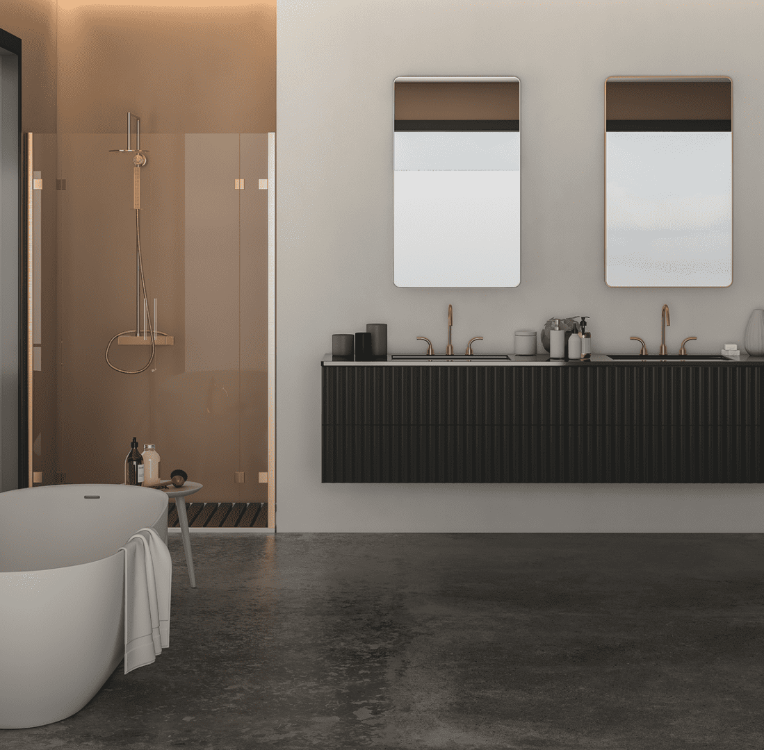 Modern bathroom with bathtub and double vanity.