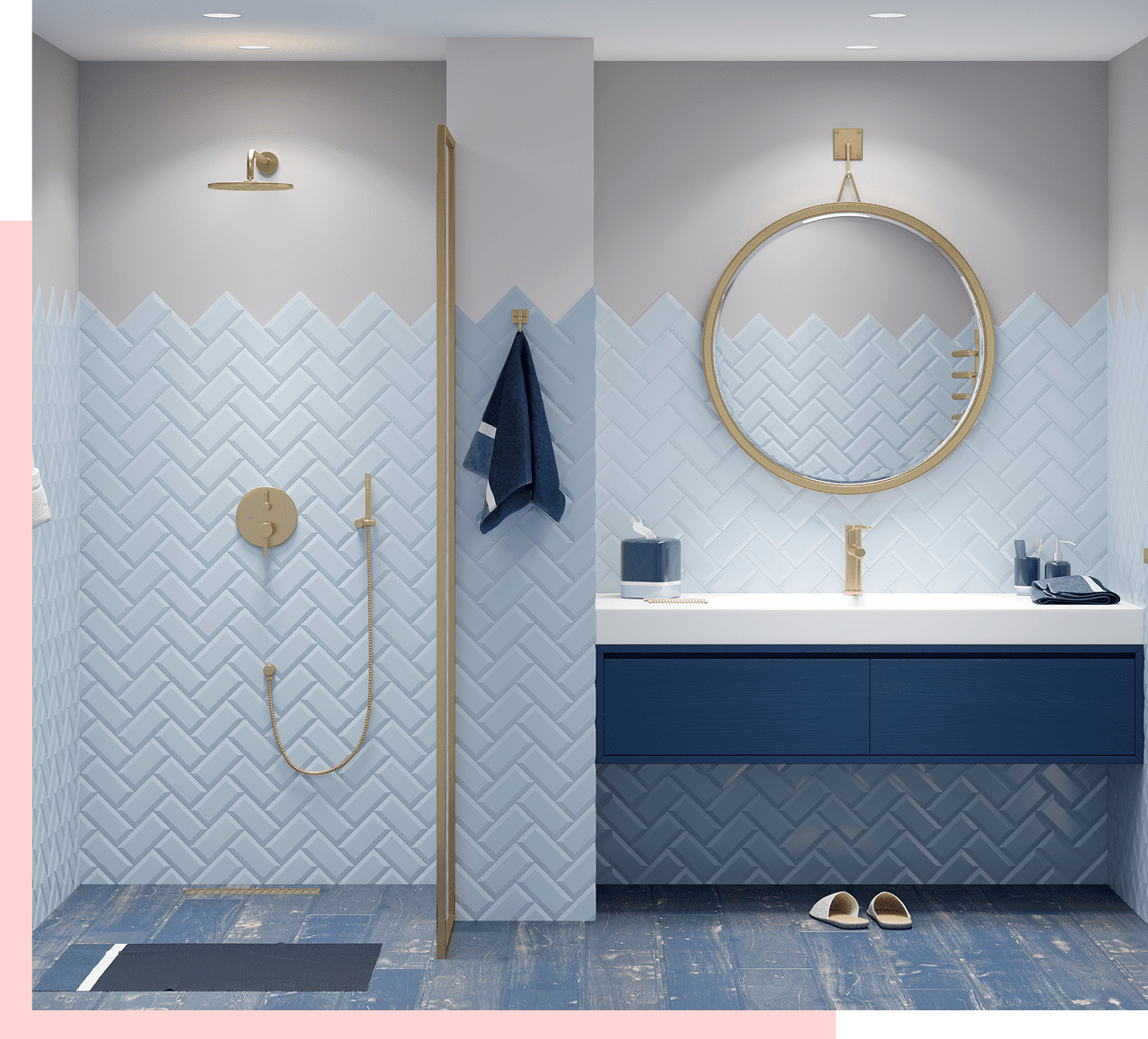 Modern bathroom with blue and gold accents.