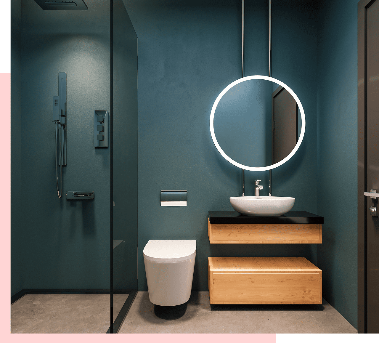 Modern bathroom with round mirror and sink.