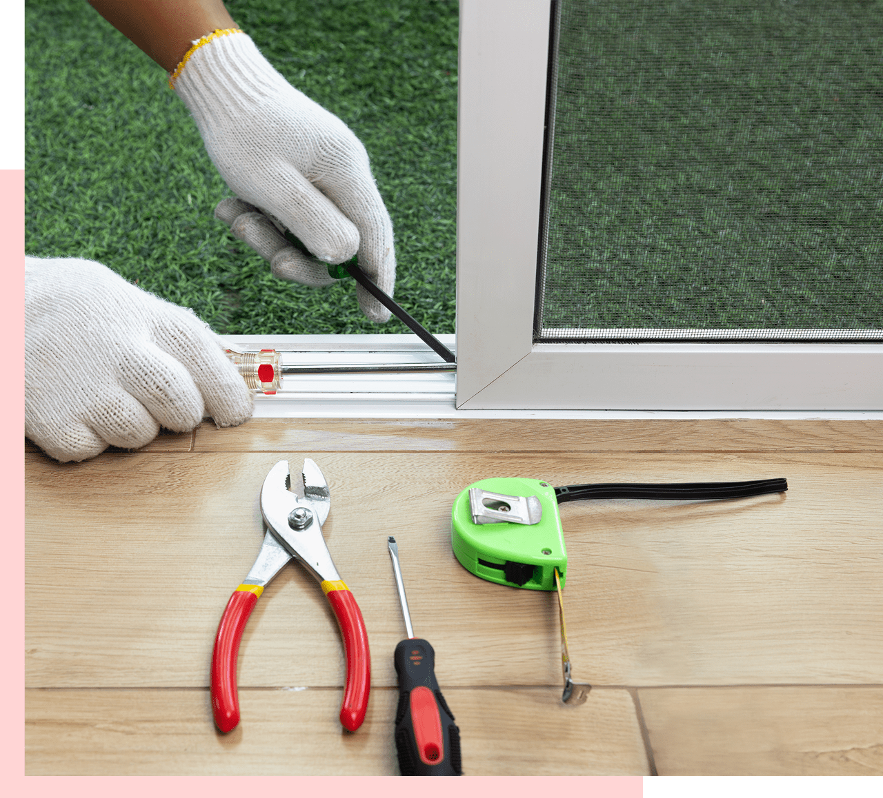 Group 1321317244 Person installing window frame with tools nearby.